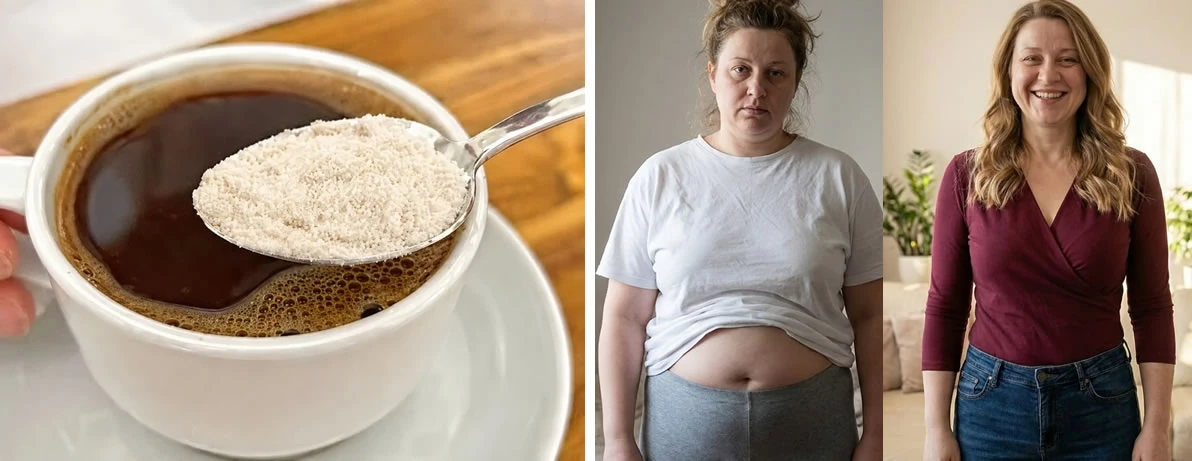 Coffee with powder and a woman before and after a weight change